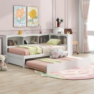 Solid Wood Daybed w/Trundle & Storage Bookcases Twin Size Sofa Bed Platform Bed - Picture 1 of 15
