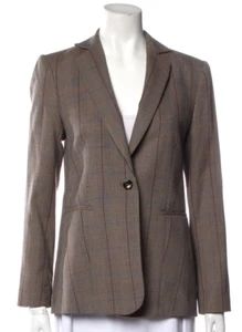 NWOT FRAME Wool Plaid Print Single Button Lined Brown Blazer Size 8 - Picture 1 of 16