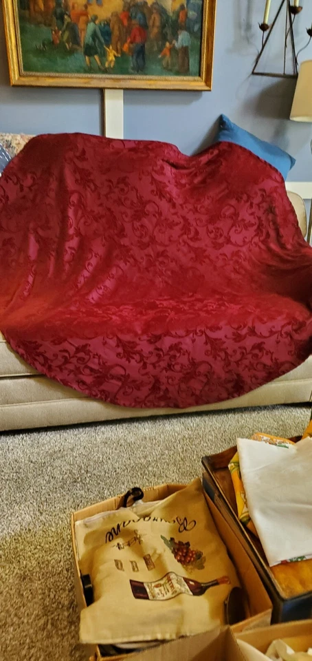 Cut Velvet By Fieldcrest, 70" Round Red Burgundy Tablecloth-It's Darker Than Pix - Image 1 of 4