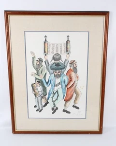 Vintage Jews dancing with Torah Water Color Painting Hebrew Art Signed Illegible - Picture 1 of 20