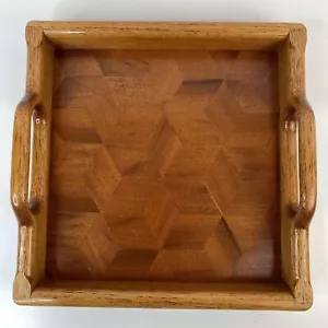Bandeja de madera con incrustaciones hecha a mano patrón hexagonal firmado por artista 12,5” cuadrado MCM - Imagen 1 de 11