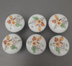 Vintage Porcelain Floral Drawer Pulls Cabinet Knobs Set Of 6 - Picture 1 of 7