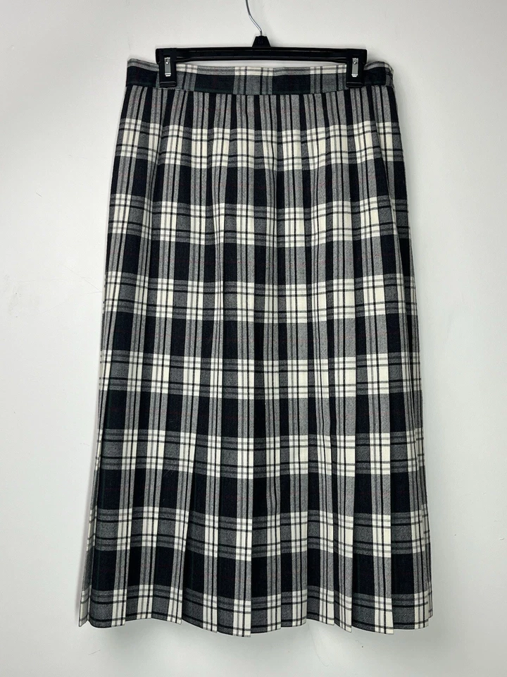 Vintage LL Bean 90s Wool Pleated Midi Skirt Womens 12 Petite Plaid Tartan - Image 1 of 4