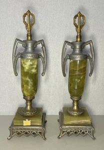 SET OF 2 ANTIQUE ART DECO RUDMA GREEN ONYX URN MANTEL GARNITURES INDIA ONYX WOW! - Picture 1 of 23
