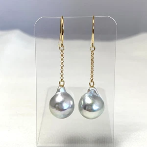 9.4+mm Baroque Silver Japanese Akoya pearl Drop earrings 14K yellow gold,1.4" - Picture 1 of 10