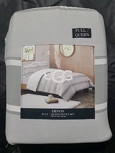 UGG Devon 3-Piece Full/Queen Duvet Cover Set in Seal Gray Stripe NEW  - Bild 1 von 6