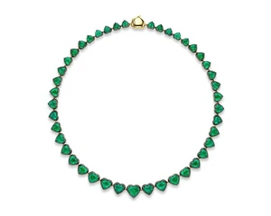 25.61ct Heart Shape Green Lab Grown Emeralds in 10k Yellow Solid Gold Necklace - Picture 1 of 7