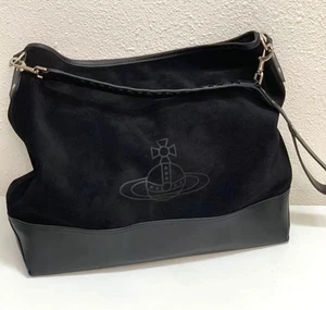 NWT Vivienne Westwood Shoulder Bag Black Suede Orb Logo Leather Strap Tote Bag. - Picture 1 of 8