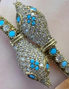 Turquoise Diamond Snake Bracelet 14K Yellow Gold on SOLID 925 Genuine Blue gp - Picture 1 of 14