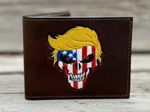 Trumpisher Skull Men's Handmade Handtooled Custom Leather Bifold Wallet - Picture 1 of 5