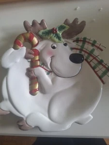 Fitz And Floyd Plaid Christmas REINDEER Canape Serving Holiday Plate Platter - Foto 1 di 8