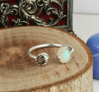 925 Sterling Silver Smoky Quartz Ethiopian Opal Gemstone Engagement Ring Jewelry - Image 1 of 4