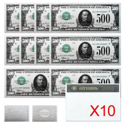 US 500 Dollars Silver Foil Banknotes 10pcs in Shell Plastic Ornament Money - Image 1 of 4