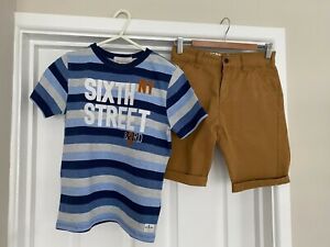 H&M Top Stripe Short Sleeve T-Shirt 8/10Y & George Chino Style Shorts 9/10Y