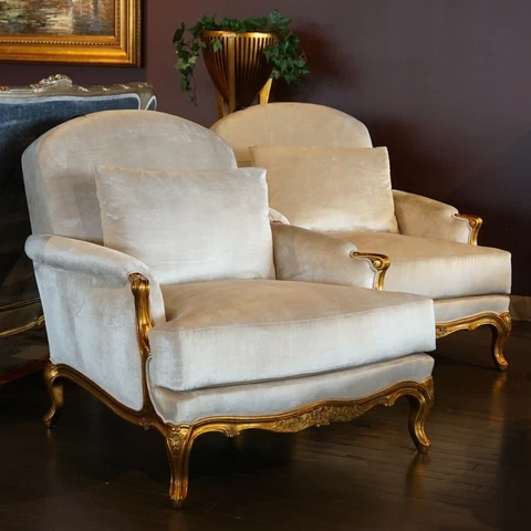 French Louis XV oversized Arm Chair in antiqued gold leaf white velvet Single Cover
