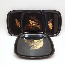 Vintage MCM COUROC of MONTEREY Set of 4 Square Black Inlaid Plates - Birds Eagle