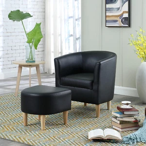 Modern Leather Single Sofa Arm Chair w/ Ottoman Accent Upholstered Living Room - Picture 1 of 10