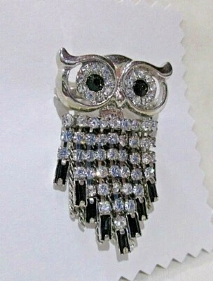 Owl Brooch Pin Pave Clear Rhinestones Silver Tone and Black Onyx? Eyes Accents - Image 1 of 4