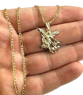 10K Solid Gold Saint Michael 1" Pendant with 2mm Figaro Chain 20" Necklace- G1-1 - Image 1 of 4