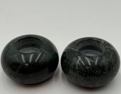 VTG Round Dark Green Marble Stone Tea Light Votive Heavy Candle Holder Set Of 2 - Image 1 of 4