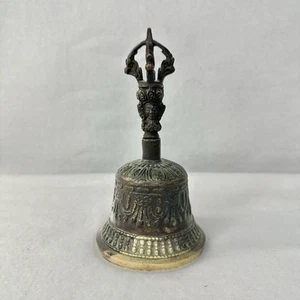 Tibetan Buddhist Bronze & Brass Temple Bell Dorje Shaped Handle 5.5” - Picture 1 of 15
