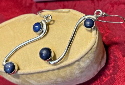 Винтажное стерлинговое серебро 925 Длинные S-образные серьги 2 камня лазурита 2 1/4"D - Изображение 1 из 4