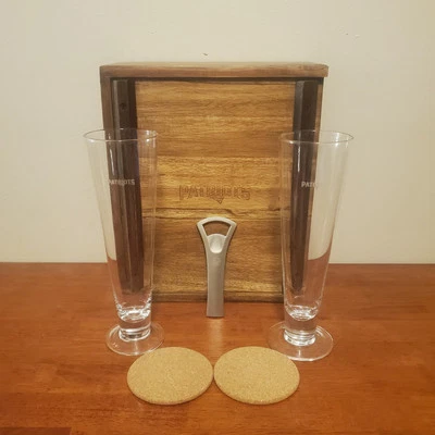 Juego de vidrio Legacy Patriots Pilsner caja de madera Breweriana NFL RARO decoración de regalo   Foto 1 de 4