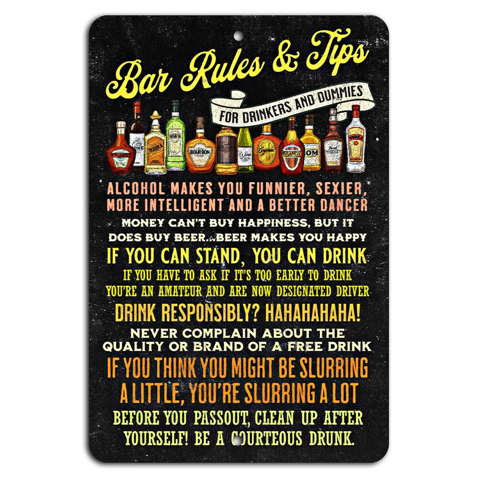 Bar Rules and Tips Funny Distressed Drinking Bar Sign - Image 1 of 1