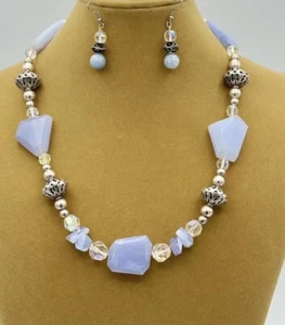ESTATE SALE - GENUINE BLUE CHALCEDONY NECKLACE Earrings - Picture 1 of 3