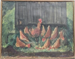 Knud Lollesgaard 1911-1997 Tierbild Hühner auf der Wiese vorm Stall Ölbild 1954 - Picture 1 of 14