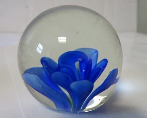 Glass 1-7/8"Dia. Round Paperweight Blue Flower - Picture 1 of 5