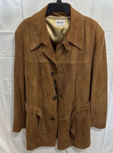 Giacca vintage R. Sherman uomo Rockabilly pelle scamosciata marrone taglia 46 bottoni con cintura - Foto 1 di 11