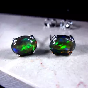 Natural Black Opal Cabochon Gemstone 925 Sterling Silver Women Stud Earrings - Picture 1 of 4