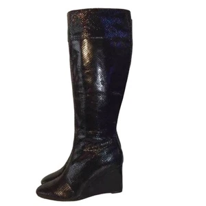 Florsheim Size 38 Black Genuine Leather Croc Snake Wedge knee high boots Zip up - Picture 1 of 15