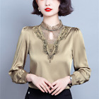 Formal Lady Satin Blouse Lace Embroidered Shirt Faux Silk Long Sleeve Office Top