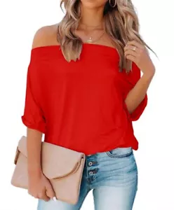 Women's Off-Shoulder Batwing Sleeve Loose T-Shirt Casual Summer Tunic Blouse - Picture 1 of 3