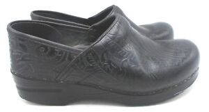 DANSKO Women’s Pro Sz 39/ 8.5  U.S Black Floral Tooled Leather Slip On Clogs 