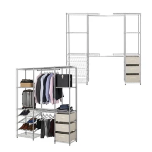 2 x Extendable Chrome Wardrobe Clothes Rail With 3 x Cream Linen Pullout Storage - Picture 1 of 2