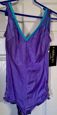 Traje de baño de colección Robby Len para mujer talla 10 púrpura verde azulado a rayas 1 pieza nuevo con etiquetas Foto 1 de 4