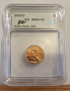 2002-D ICG Lincoln Memorial Cent MS69RD AUSTIN HUTTO SIGNED TOP POP - Picture 1 of 4