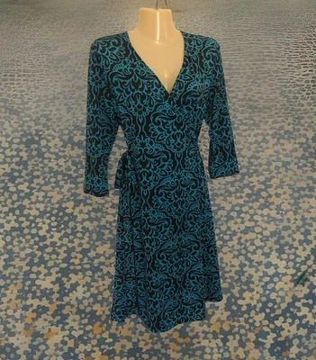 Vestido Lularoe Michelle Envolvente Talla Pequeña Negro y Azul Teal Manga 3/4 Midi Fácil Cuidado Foto 1 de 4