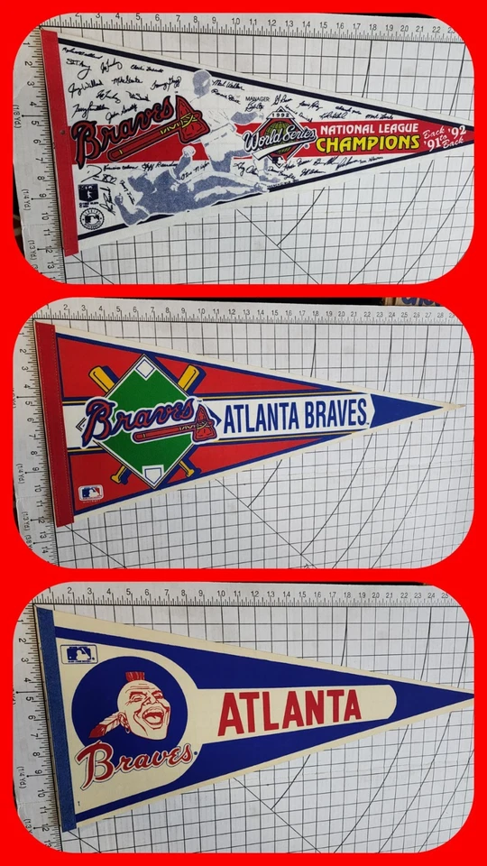 Pennant 1992 lot 3 Atlanta Braves World Series signatures Screaming Indian MLB - Image 1 of 4