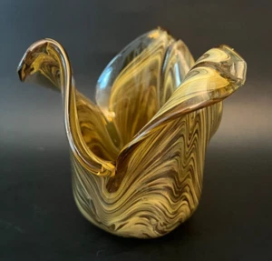 Murano braun Blütenblatt Kunst Glas Schale/Vase Italien mundgeblasen 6" x 5"x3" Bernstein/Gold - Bild 1 von 9