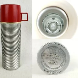 VINTAGE Thermos Ribbed Aluminum Pint Sz Vacuum Bottle #2284 MADE IN USA Red Top - Picture 1 of 12