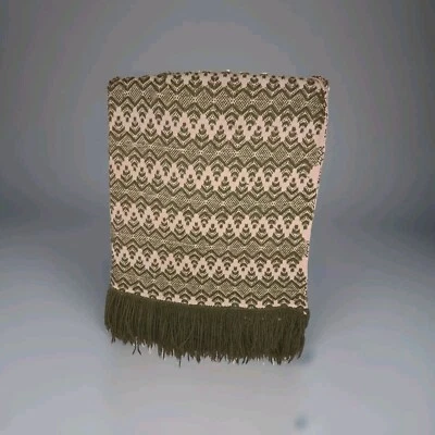VTG 60s Hand Woven Throw Blanket 44x52 Folk Art Retro MCM Afghan Green Cream - Image 1 of 4