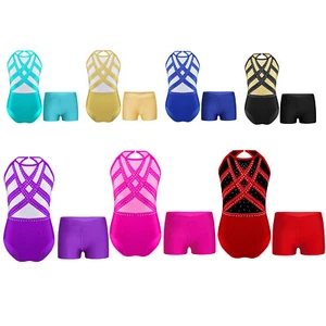 Kids Girls Set Unitard Suit Glittery Outfit Color Block Uniforms Athletic Yoga - Picture 1 of 51