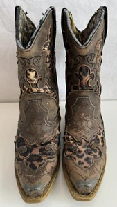 Laredo Girls Leopard Distress Inlay Leather Cowgirl Boots Childs Size 11.5 - Picture 1 of 9