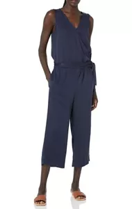 Daily Ritual Womens 4 Navy Blue Sleeveless Tencel Jumpsuit Crop Leg V Neck NWT - Picture 1 of 4