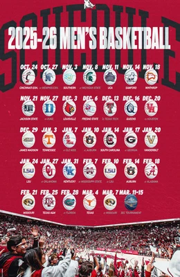 Плакат мужской баскетбольный Arkansas Razorbacks 2025-2026 полное расписание 11 X 17 дюймов - Изображение 1 из 3