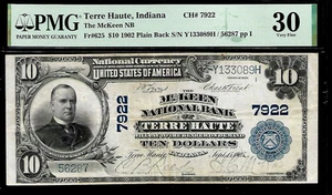 US Terre Haute, Indiana 10 Dollars 1902 PMG 30 Fr #625 The McKeen NB CH#7922 - Picture 1 of 4